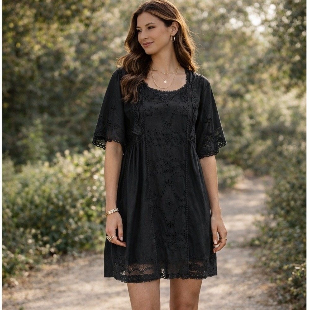 Sundance Black Eyelet Cotton Boho Dress Embroidered Peasant Tunic Mini Medium